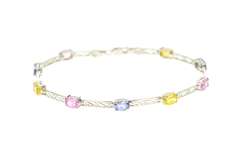 10K White Gold Scroll Filigree Bar Oval Syn. Sapphire Bracelet