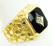 Men's Vintage 10K Gold Nugget Ring, Onyx & Diamond, 10.5