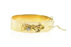 14K Yellow Gold Victorian Rose Cut Diamond Floral Bangle Bracelet