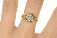 14K Yellow Gold Art Deco Etched Ornate Diamond Engagement Ring