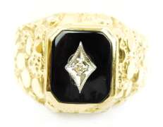 Men's Vintage 10K Gold Nugget Ring, Onyx & Diamond, 10.5