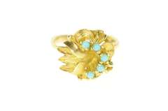 14K Yellow Gold Retro 1940's Turquoise Ornate Leaf Cocktail Ring