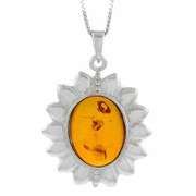 Sterling Silver Genuine Amber Stone Oval Flower Pendant