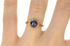 14K Yellow Gold Blue Pearl Diamond Halo Statement Ring