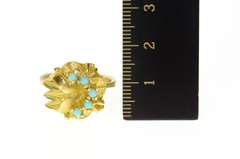 14K Yellow Gold Retro 1940's Turquoise Ornate Leaf Cocktail Ring
