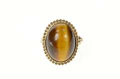 10K Yellow Gold Oval Tiger's Eye Cabochon Ornate Cocktail Ring