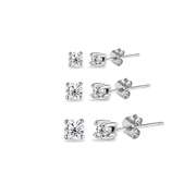 3 Pair Set Round Cubic Zirconia Stud Earrings in 925 Silver, 2mm 3mm 4mm