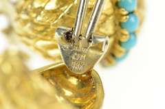 18K Yellow Gold Retro 1940's Ornate Turquoise Clip Back Earrings