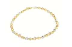 10K Yellow Gold Tri Tone Diamond Cut Heart Link Bracelet