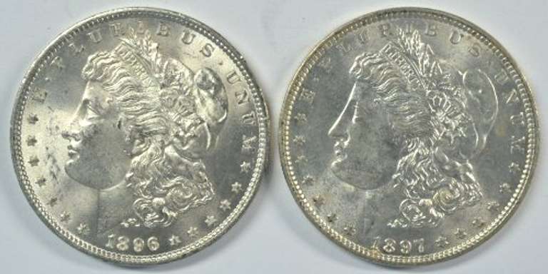 Creamy-white CH BU 1896 & 1897 Morgan Silver Dollars