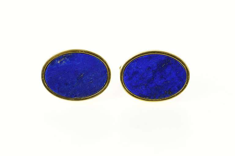 18K Yellow Gold Oval Retro Lapis Lazuli Inset Classic Cuff Links