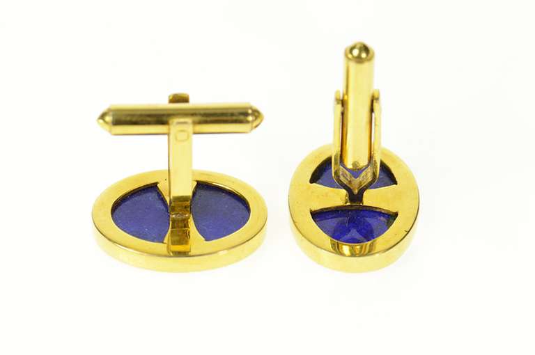 18K Yellow Gold Oval Retro Lapis Lazuli Inset Classic Cuff Links