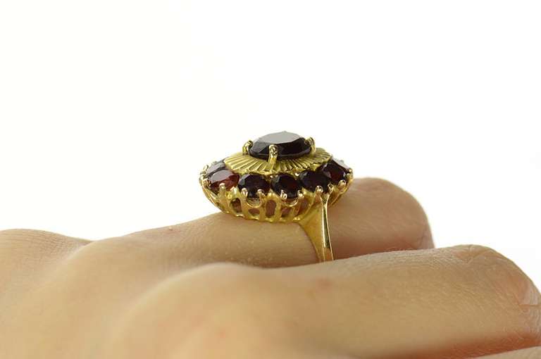 18K Yellow Gold Oval Garnet Ornate Retro Cocktail Statement Ring