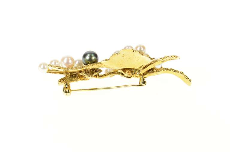 14K Yellow Gold 1960's Ornate Pearl Branch Floral Statement Pin/Brooch