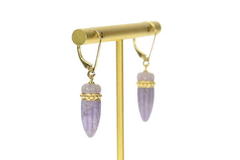 14K Yellow Gold Scalloped Carved Purple Stone Jade Dangle Earrings