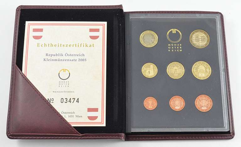 2005 Austria 8 Coin Proof Set - With CoA & Leather Display Book