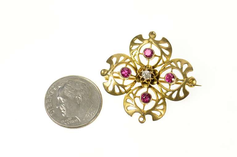10K Yellow Gold Victorian Syn. Ruby Diamond Clover Filigree Pin/Brooch