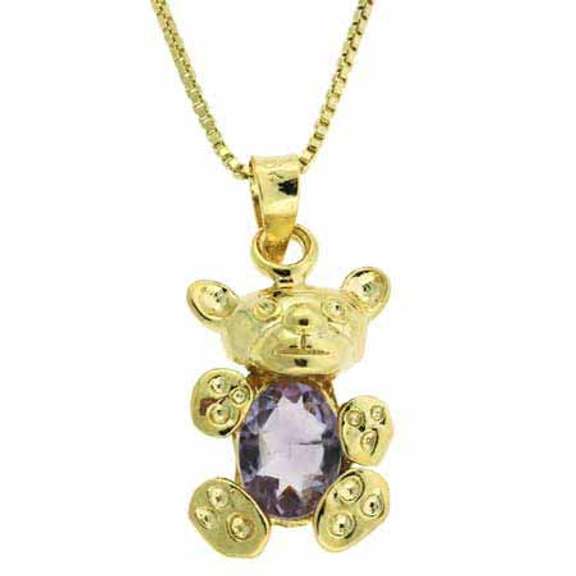 18K Gold over Sterling Silver 1.05ct Amethyst Teddy Bear Necklace