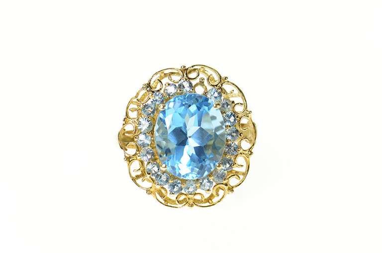 10K Yellow Gold Oval Blue Topaz Halo Filigree Cocktail Ring