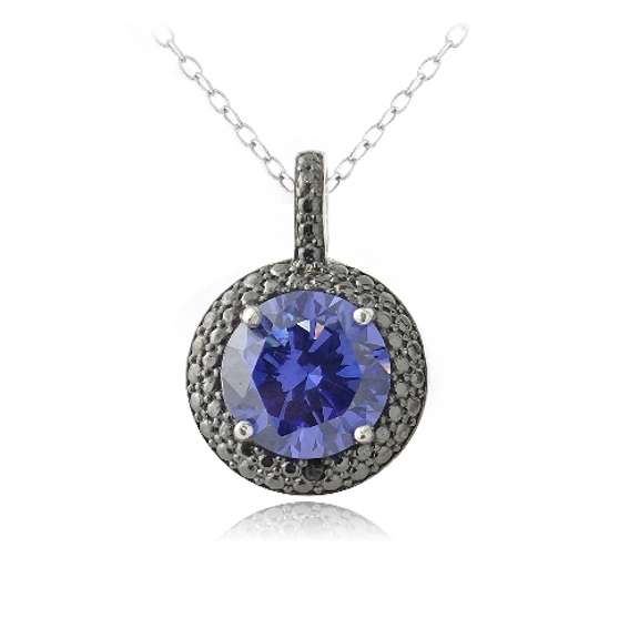Sterling Silver 3.75ct Tanzanite CZ & Black Diamond Accent Round Necklace