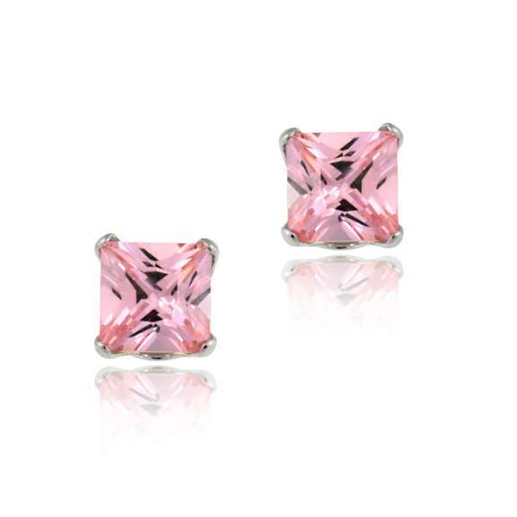 14k White Gold 4mm Princess Pink CZ Stud Earrings