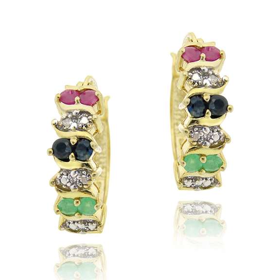 18K Gold over Sterling Silver Multi Color Gemstones & Diamond Accent Hoop Earrings
