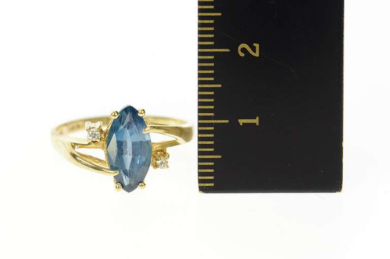 10K Yellow Gold Marquise Blue Topaz Diamond Statement Bypass Ring