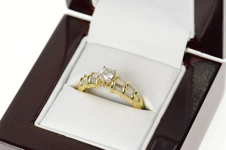 14K Yellow Gold 0.81 Ctw Diamond Baguette Accent Engagement Ring