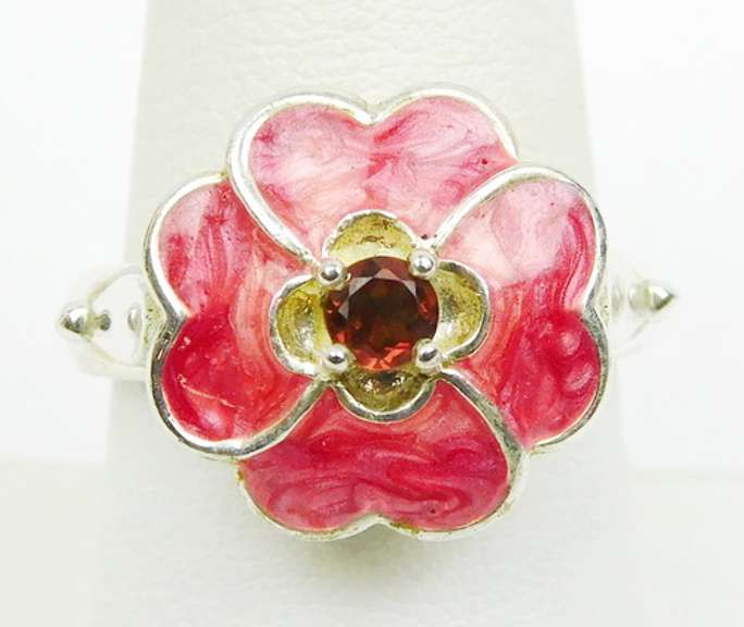 Sterling Pink Enamel & Garnet Flower Ring, 9.25