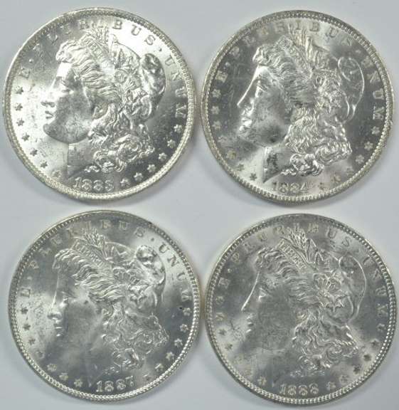 4 Blazing-white Choice BU Morgan Dollars 1883-O to 1888