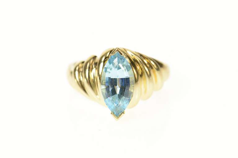 14K Yellow Gold Marquise Blue Topaz Ornate Cocktail Ring