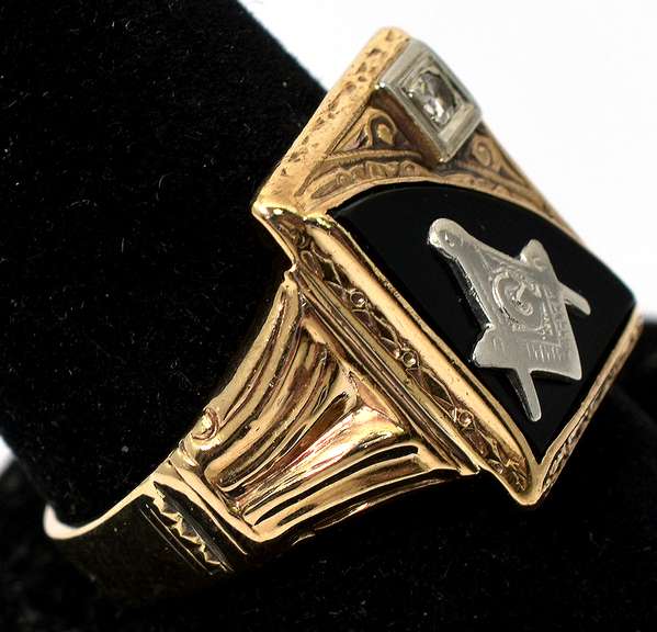 Impressive Onyx & Diamond Masonic Ring in Yellow Gold