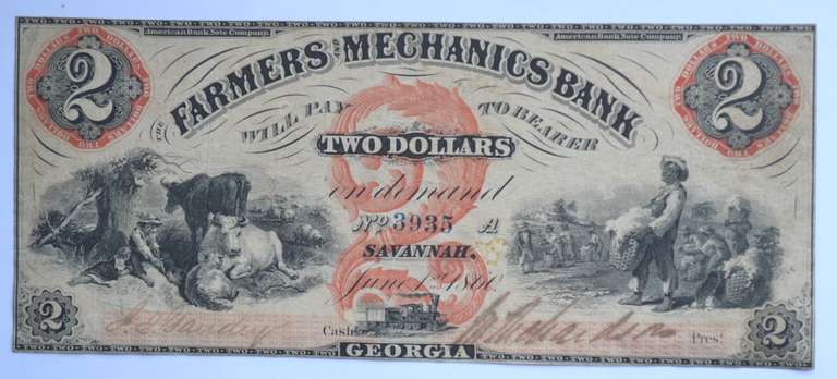 $ 2 Farmers & Mechanics Bank Savannah Georgia 1860 Note