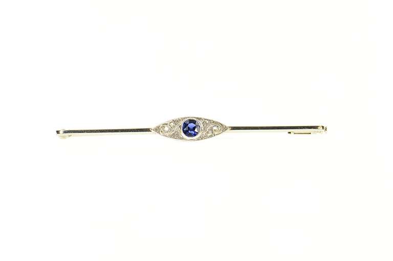 18K White Gold Art Deco Syn. Sapphire Diamond Oval Bar Pin/Brooch