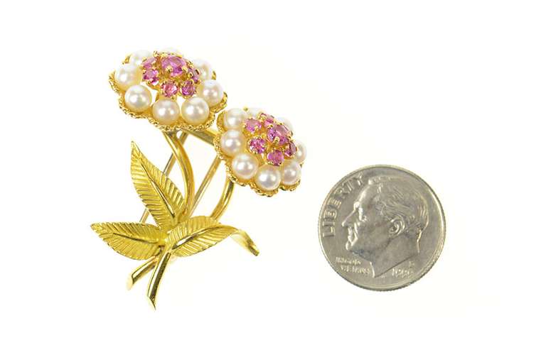 18K Yellow Gold Retro Ruby Pearl Flower Bouquet Pin/Brooch
