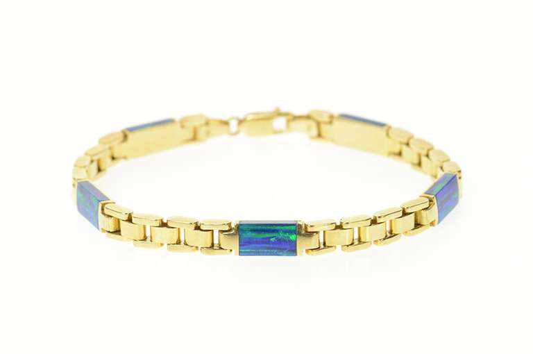 14K Yellow Gold Classic Squared Link Black Opal Inlay Chain Bracelet