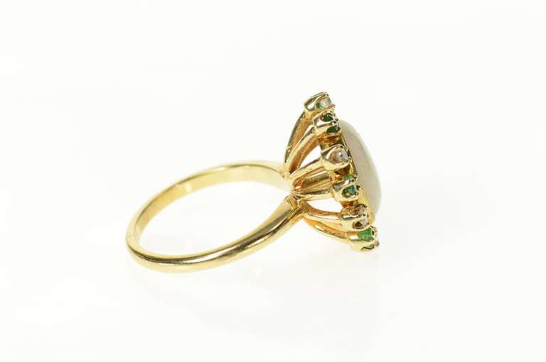 14K Yellow Gold Victorian Natural Opal Diamond Emerald Halo Ring