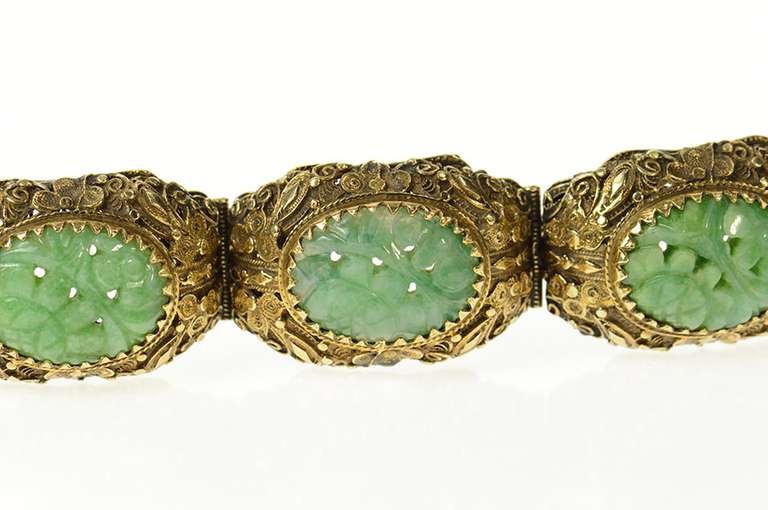 14K Yellow Gold Ornate Floral Carved Jade Filigree Statement Bracelet