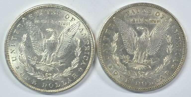Frosty-white 1880-P and 1880-O Morgan Silver Dollars