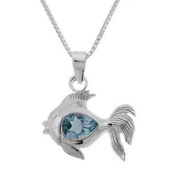 Sterling Silver Blue Topaz Fish Pendant