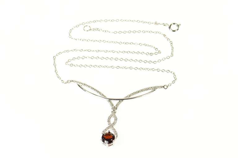 10K White Gold Garnet Diamond Accent Ornate Twist Drop Necklace