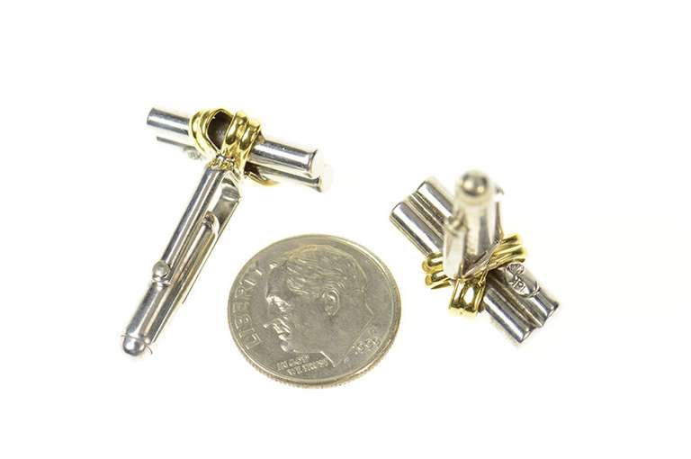 18K White Gold Two Tone Criss Cross Bar 1960's Retro Cuff Links