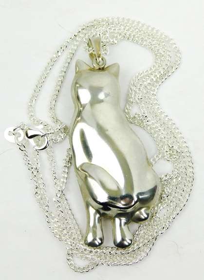Large Sterling Silver Cat Pendant & Chain