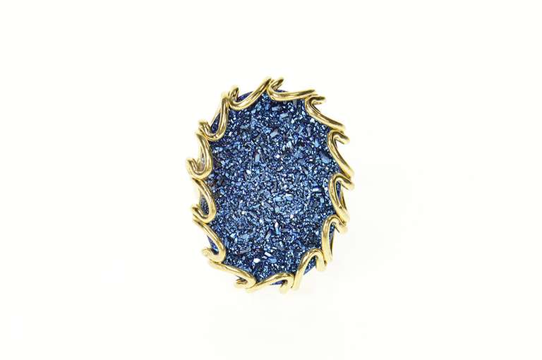 14K Yellow Gold Oval Blue Druzy Ornate Cocktail Statement Ring