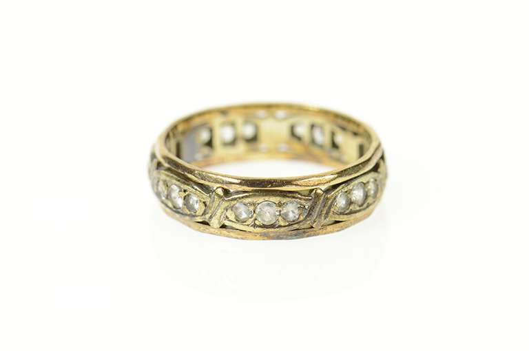 9K Yellow Gold Victorian Ornate Rhinestone Wedding Band Ring