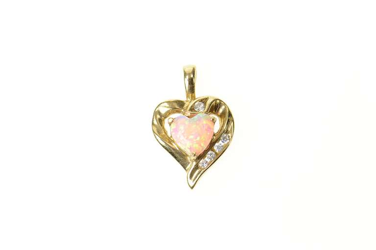 10K Yellow Gold Heart Syn. Opal CZ Accent Love Symbol Pendant