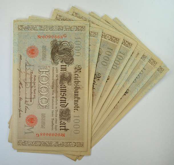 (20) Consecutive 1910 Germany 1,000 Marks Reichsbanknote #44b