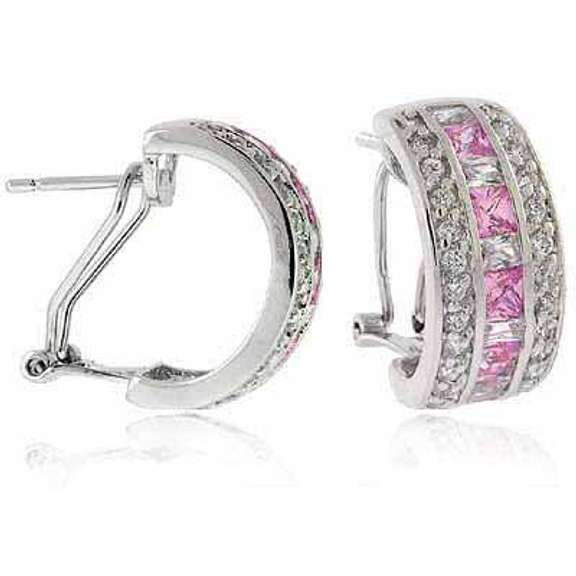 Sterling Silver Pink and White CZ Half-Hoop Earrings