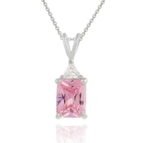 Sterling Silver 2.9ct Pink & Clear CZ Emerald Cut Solitaire Pendant