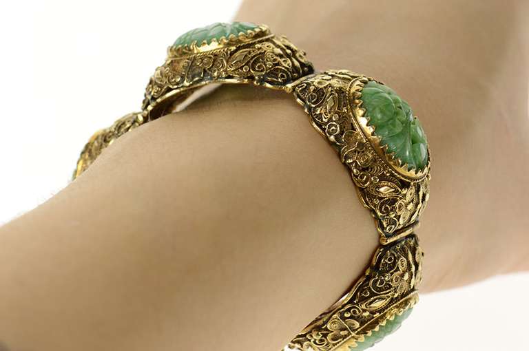 14K Yellow Gold Ornate Floral Carved Jade Filigree Statement Bracelet